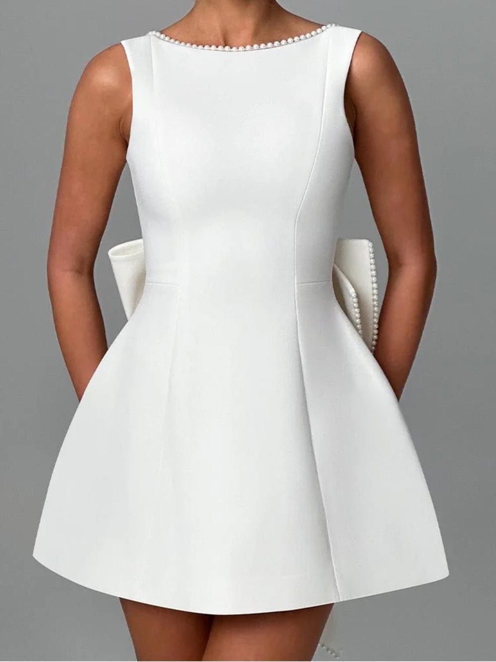 White Mini Dress with Pearl-Trim Neckline